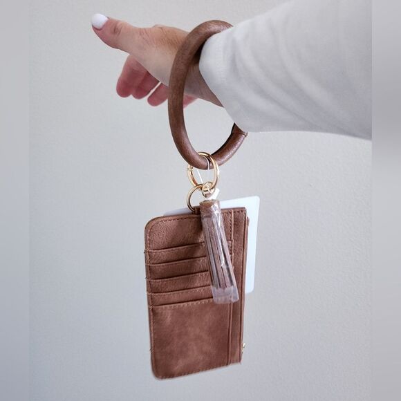Brown Leather Card Holder with Keychain Wristlet - Picture 5 of 5